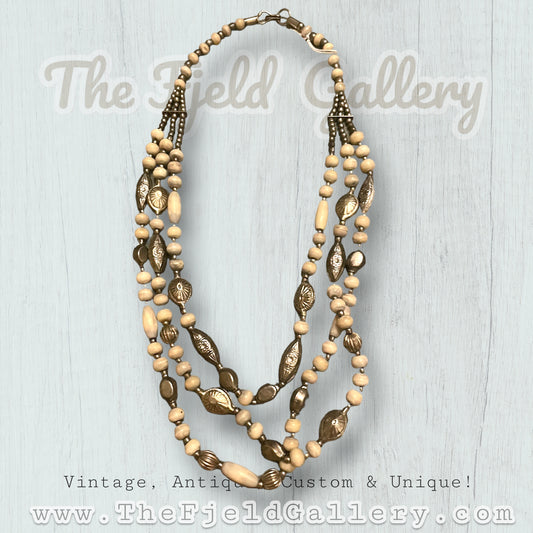 Vintage Silver Flower Embossed & White Bone Beaded Multi Strand Necklace