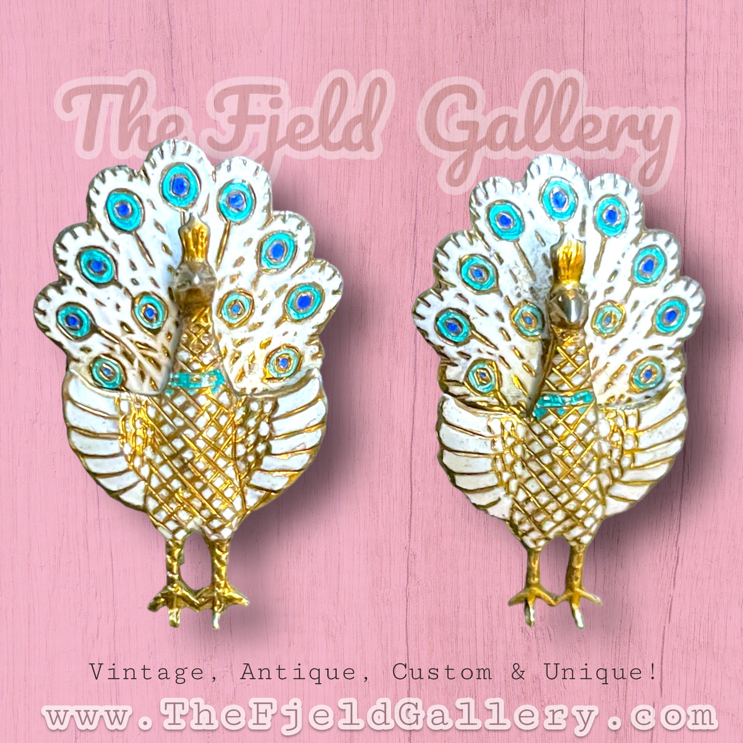 1940’s Siam Vermeille Sterling White & Blue Enamel Peacock Brooch & Earring Set