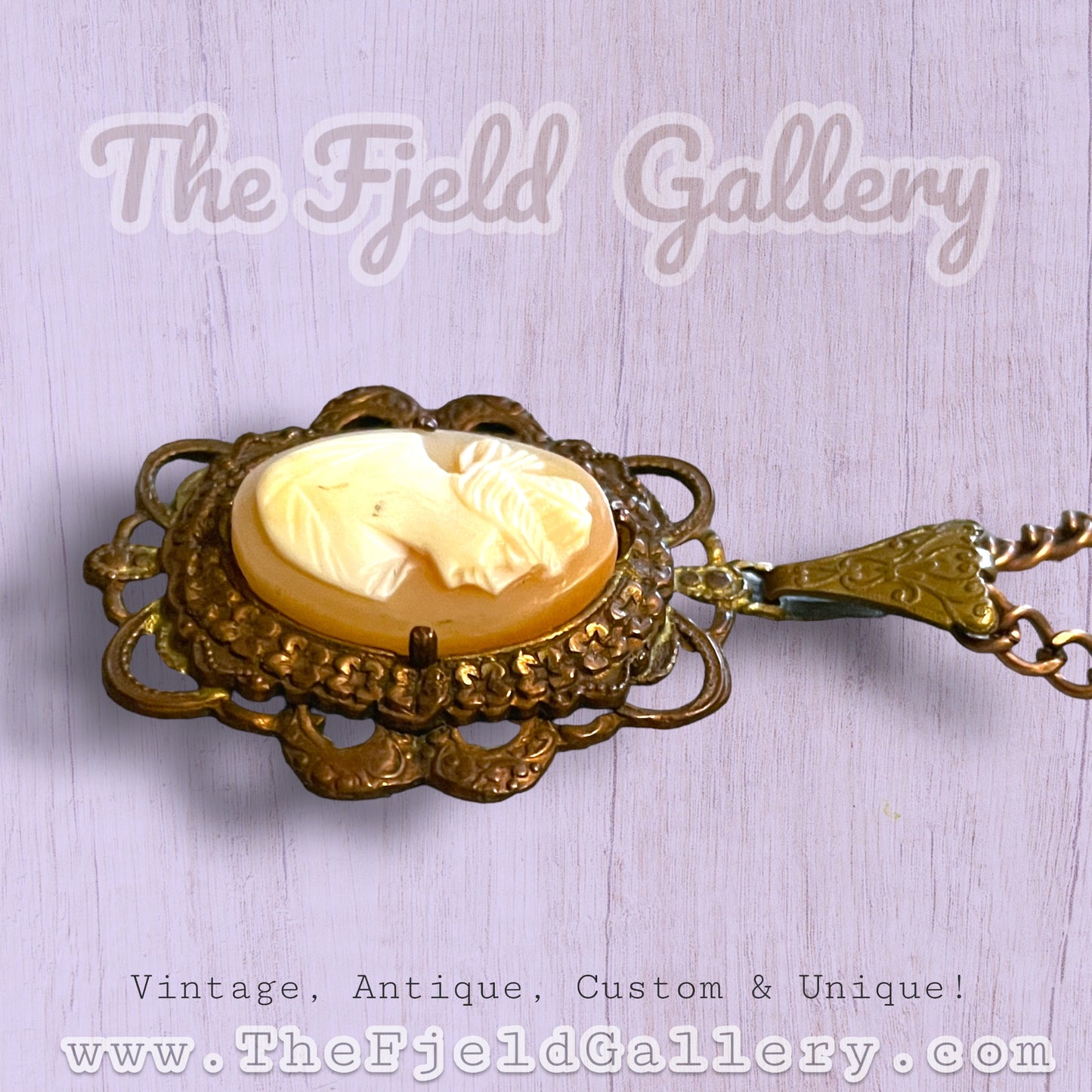 Antique 1920’s Art Nouveau Brass Prong Set Carved Shell Cameo Necklace
