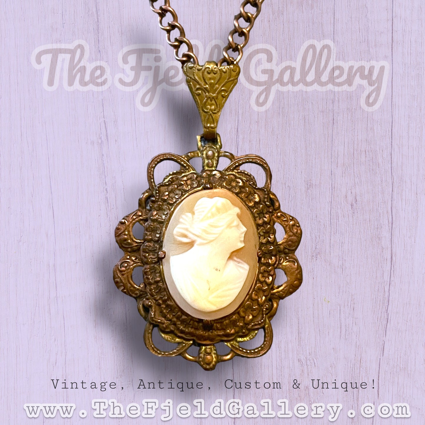 Antique 1920’s Art Nouveau Brass Prong Set Carved Shell Cameo Necklace