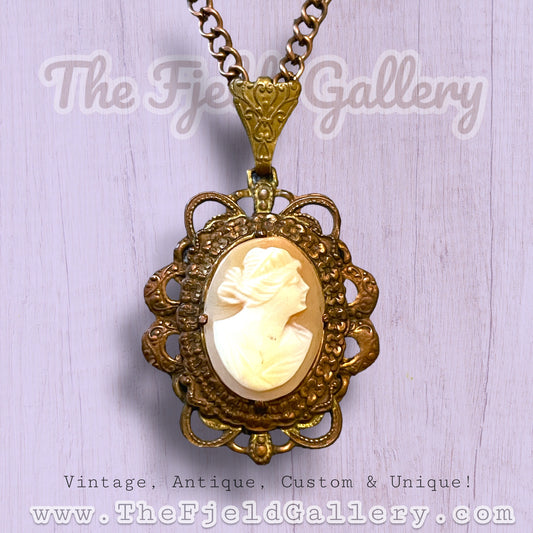 Antique 1920’s Art Nouveau Brass Prong Set Carved Shell Cameo Necklace