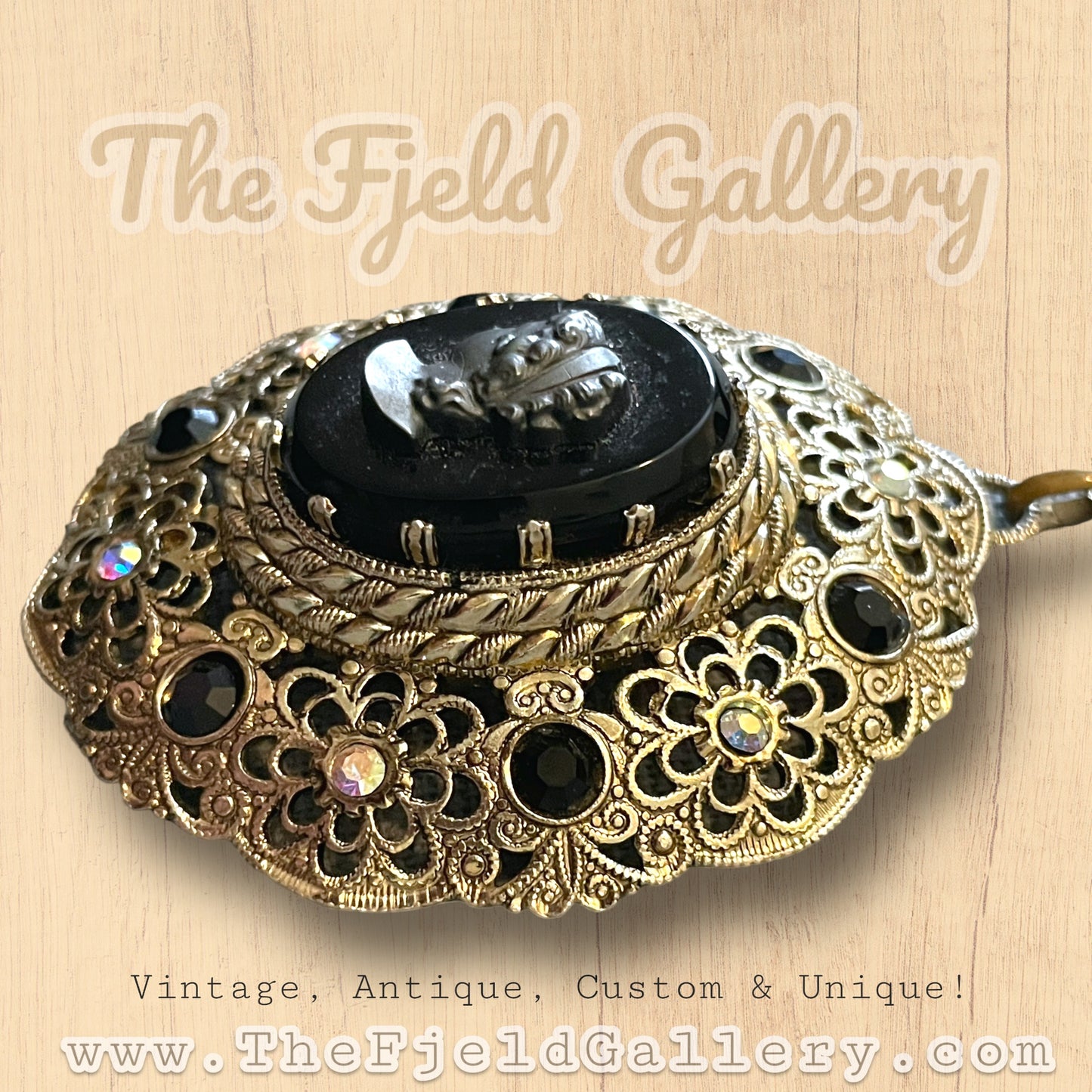 West German 1940’s Gilded Gold Brass Filigree Black Mourning Cameo Necklace