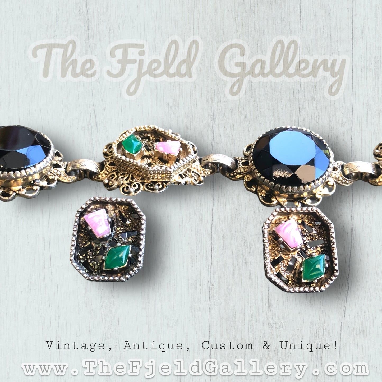 Pink Rhodonite, Green Chrysoprase & Black Art Glass Gold Bracelet & Earring Set