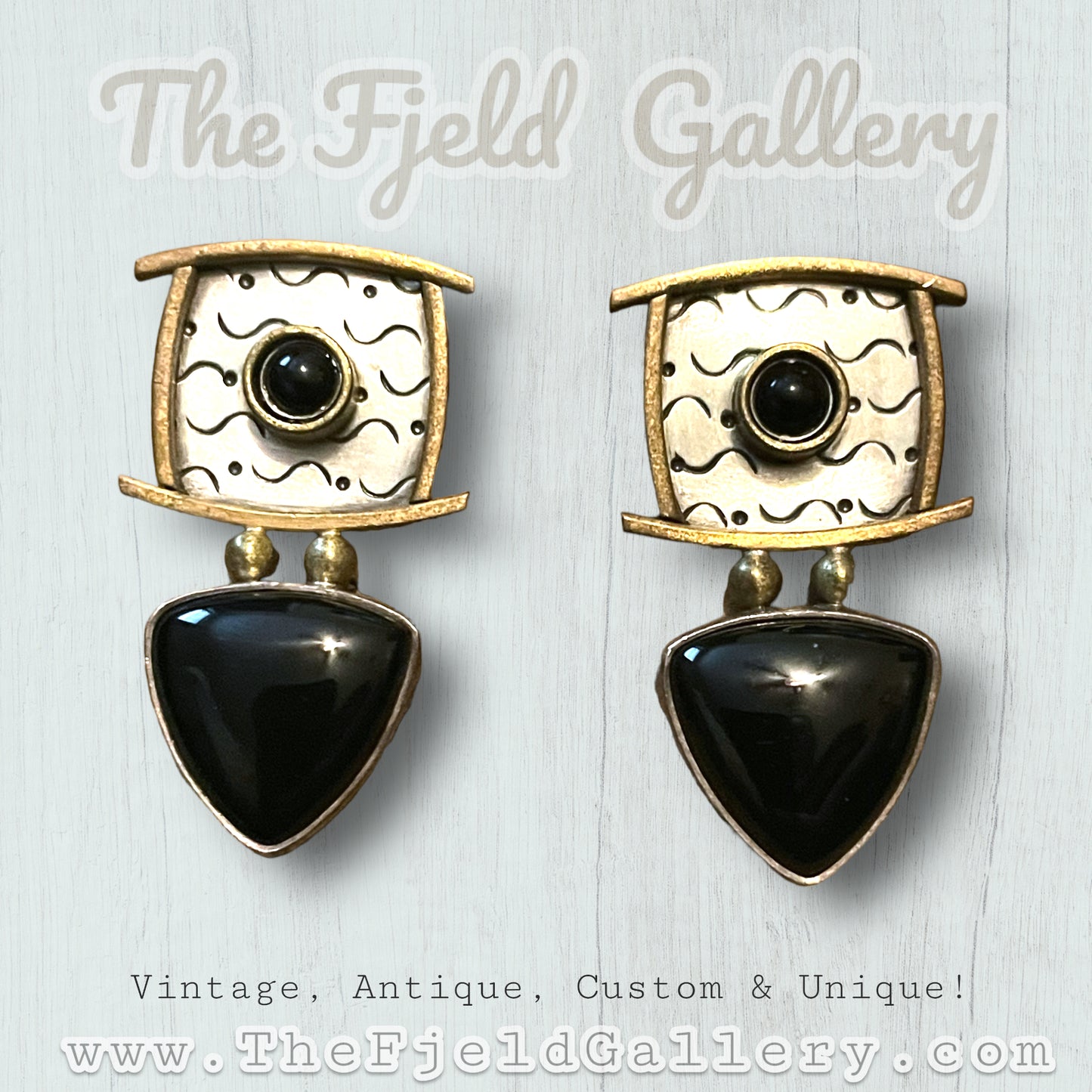 Sterling Silver & Brass Onyx Gemstone Mod Geometric CLOSE Earrings