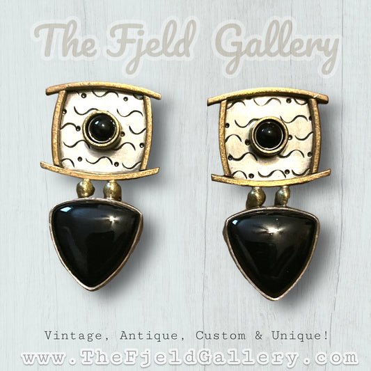 Sterling Silver & Brass Onyx Gemstone Mod Geometric CLOSE Earrings