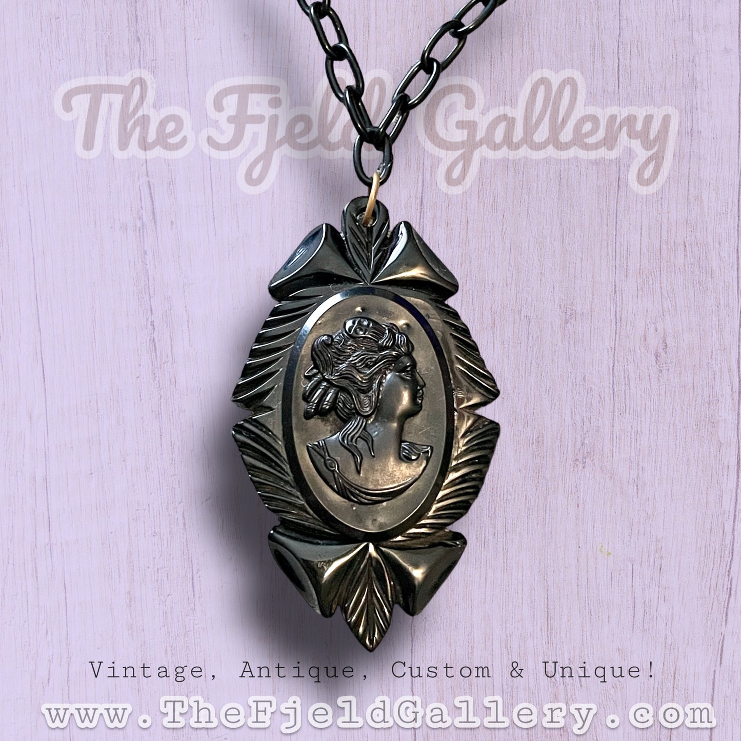 Victorian Bakelite Black Mourning Cameo Necklace
