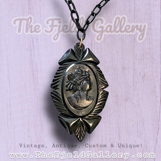 Victorian Bakelite Black Mourning Cameo Necklace