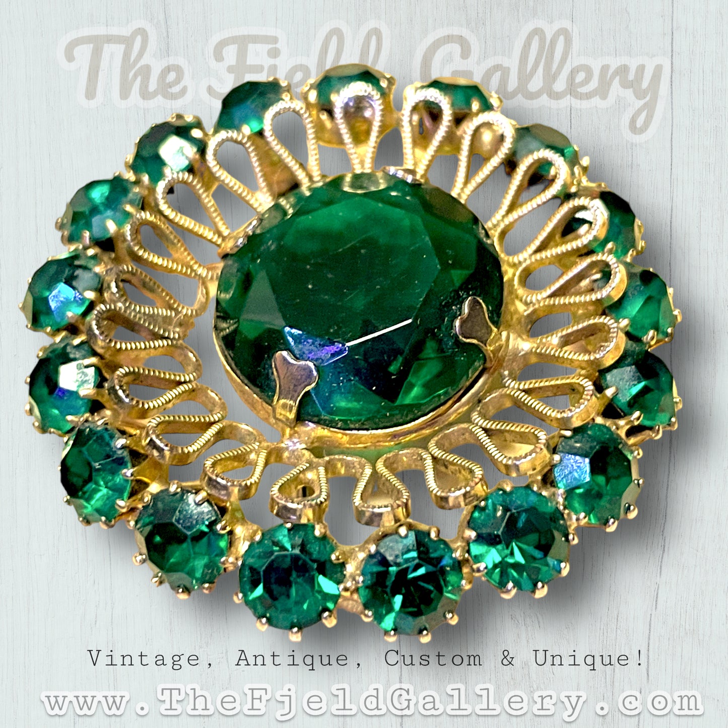 Hollywood Regency Emerald Green Aurora Borealis Crystal Starburst Brooch