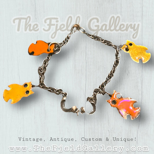 Vintage Orange & Yellow Enamel Copper Owl Charm Bracelet