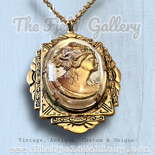 Art Nouveau Greek Gold & Silver Intaglio Cameo Necklace