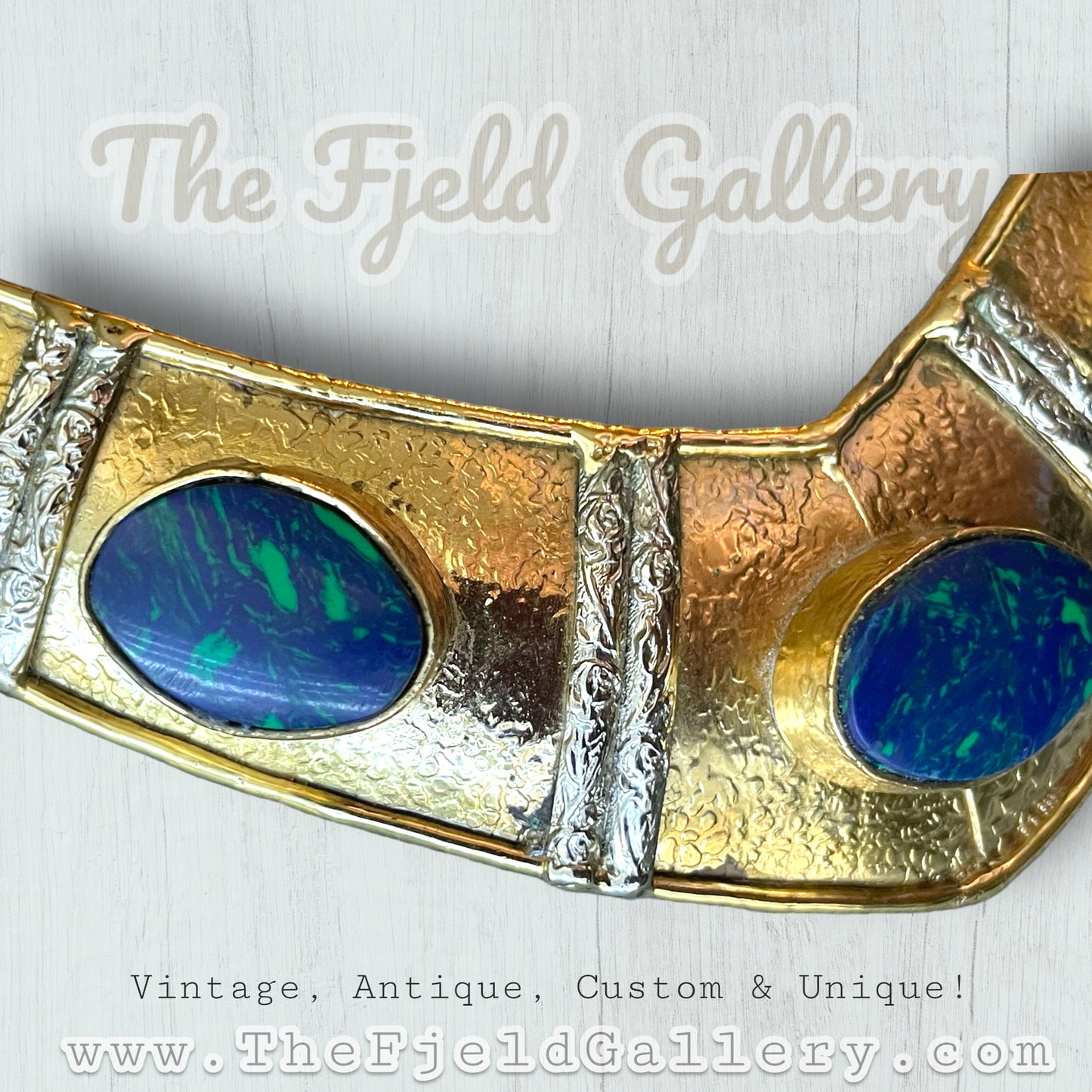 Vintage Brass & Silver Chunky Collar Necklace with Azurite Blue & Green Gemstones