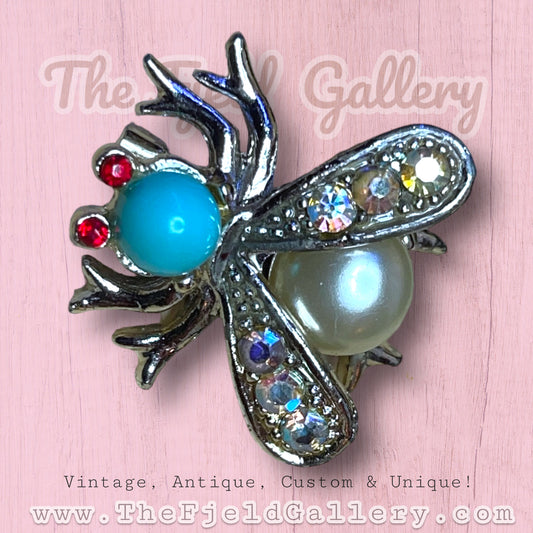 Vintage Turquoise & Ruby Aurora Borealis Crystal Rhinestone Fly Insect Brooch