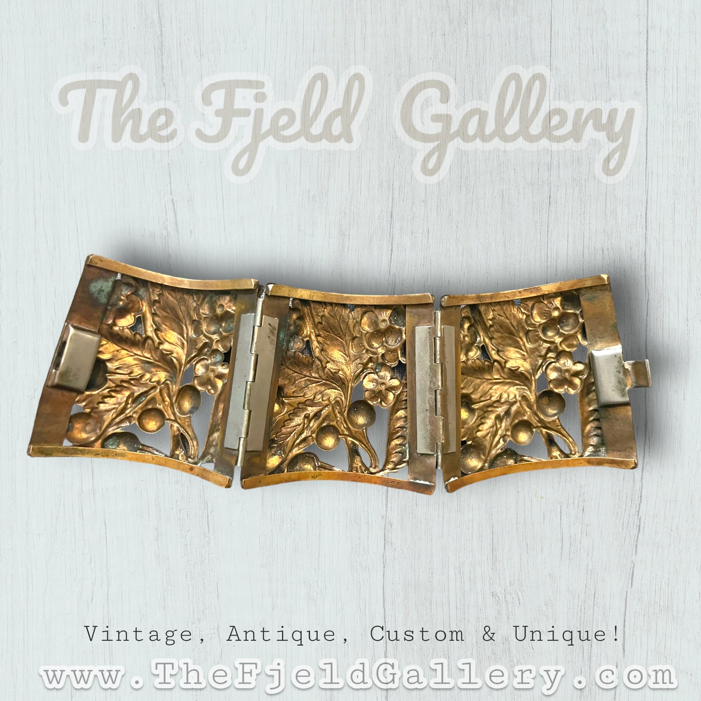 Antique Brass Repoussé Huge Hinged Arm Cuff Gauntlet Bracelet