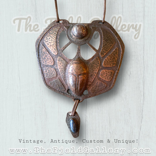 Vintage Egyptian Scarab Copper Necklace with Pink & Blue Jasper Gemstone Cabochons