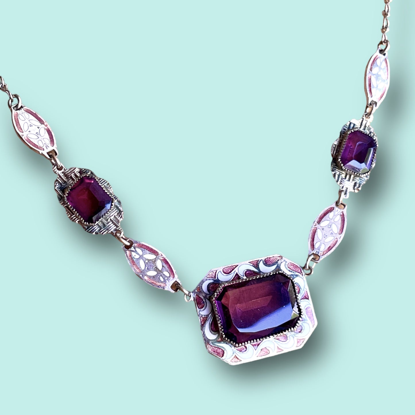 Art Deco Purple Art Glass & Enamel Necklace