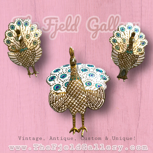 1940’s Siam Vermeille Sterling White & Blue Enamel Peacock Brooch & Earring Set