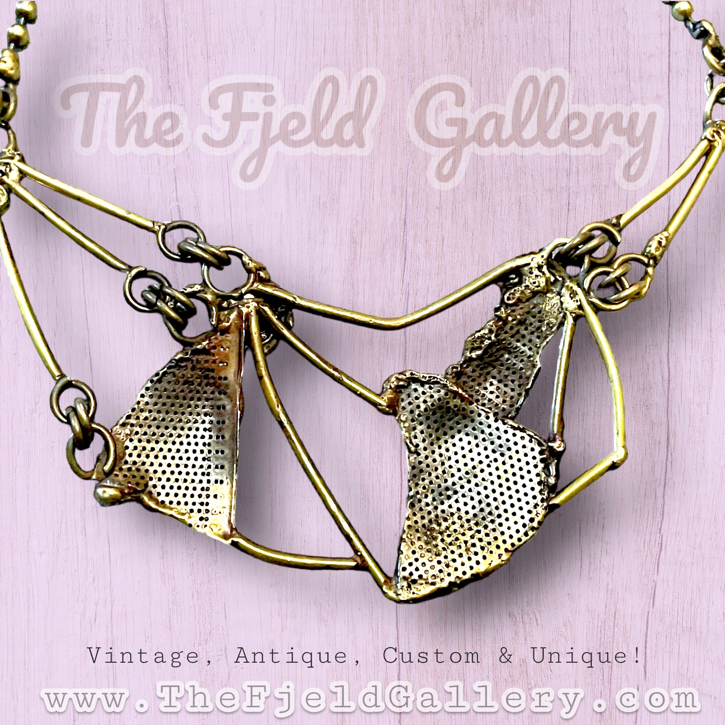 Vintage Brass Brutalist Peridot, Garnet & Onyx Unique Abstract Bib Necklace