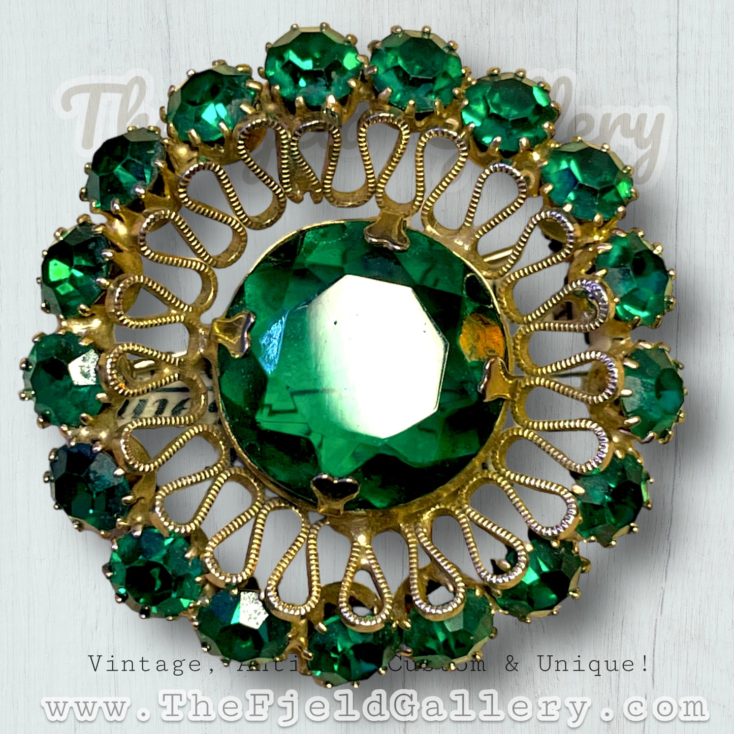 Hollywood Regency Emerald Green Aurora Borealis Crystal Starburst Brooch