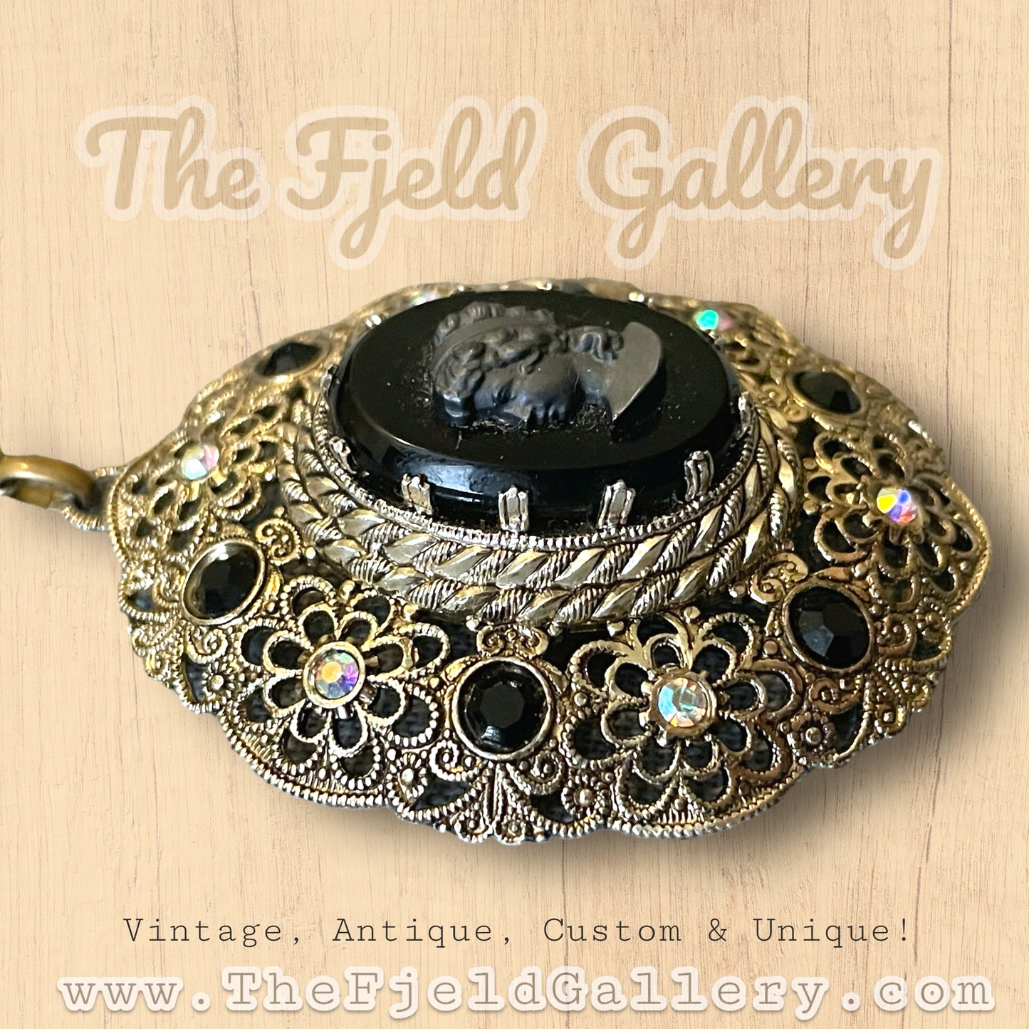 West German 1940’s Gilded Gold Brass Filigree Black Mourning Cameo Necklace