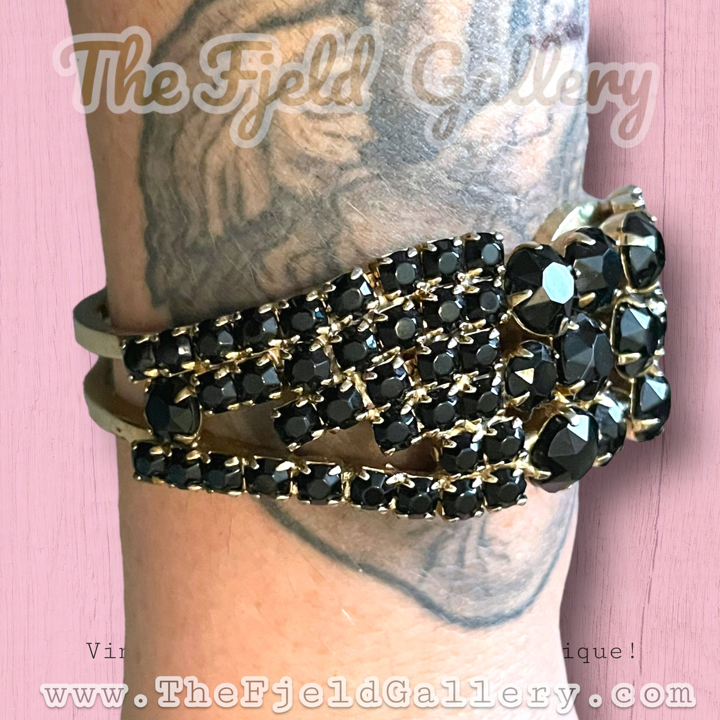 Vintage Black Prong Set Crystal Gold Hinged Clamper Bangle Bracelet