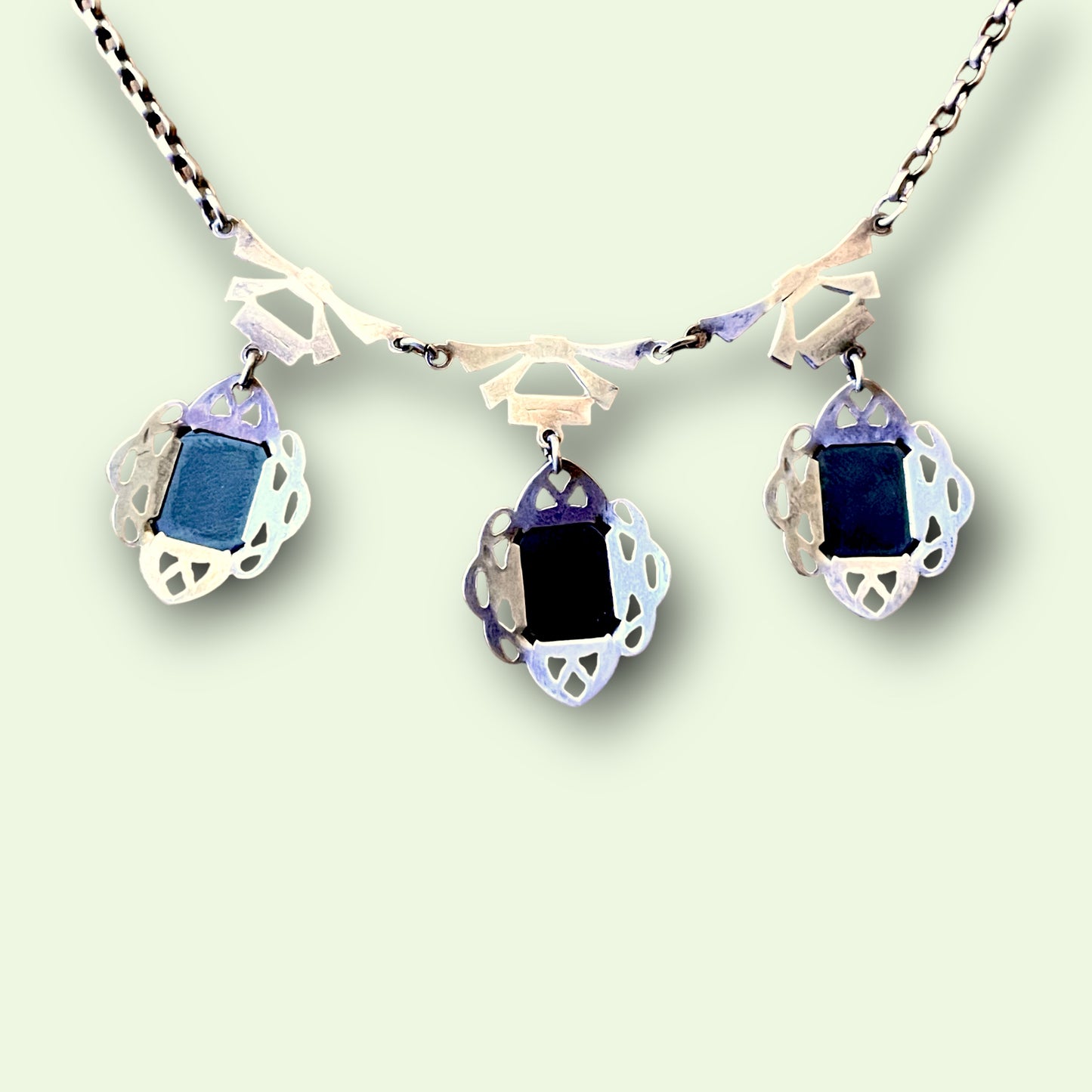 Art Nouveau Sterling Silver & Hematite Bow Festoon Necklace