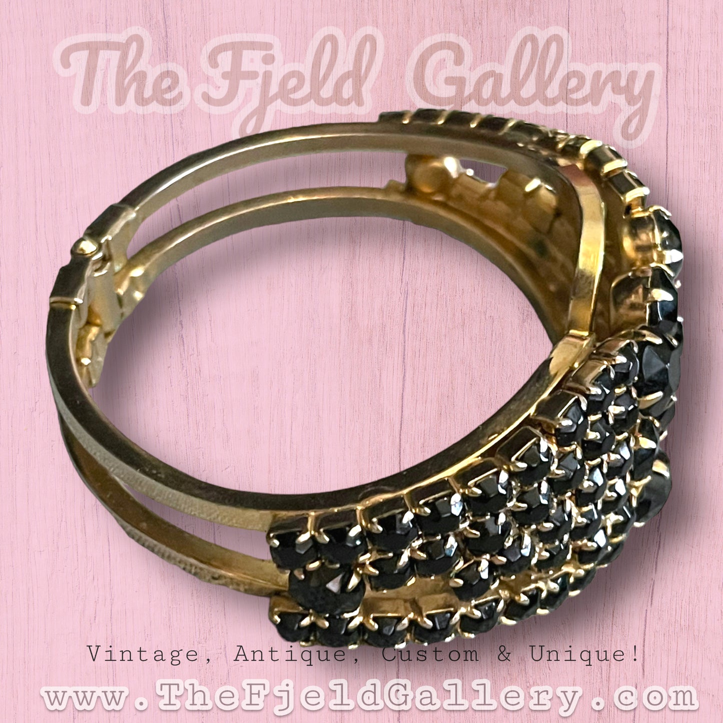 Vintage Black Prong Set Crystal Gold Hinged Clamper Bangle Bracelet