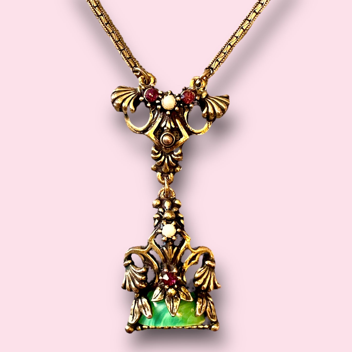 Art Nouveau Marbled Green Celluloid, Purple Crystal & Pearl Brass Shell Necklace