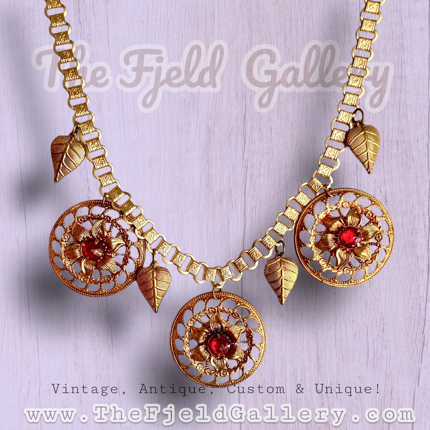 Victorian Bookchain with Ruby Red Art Glass & Gold Filigree Leaf Charm Necklace