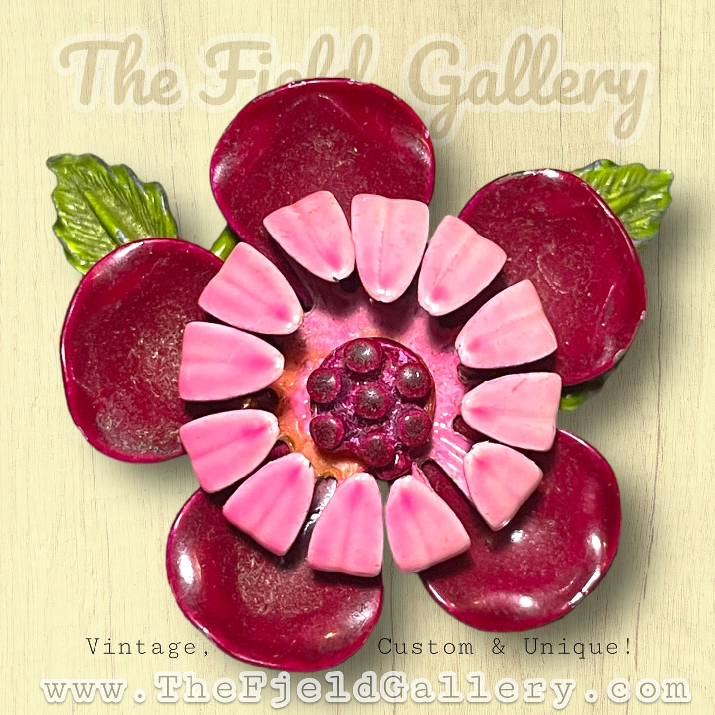 Vintage Pink, Red & Green Enamel Metal Flower Brooch