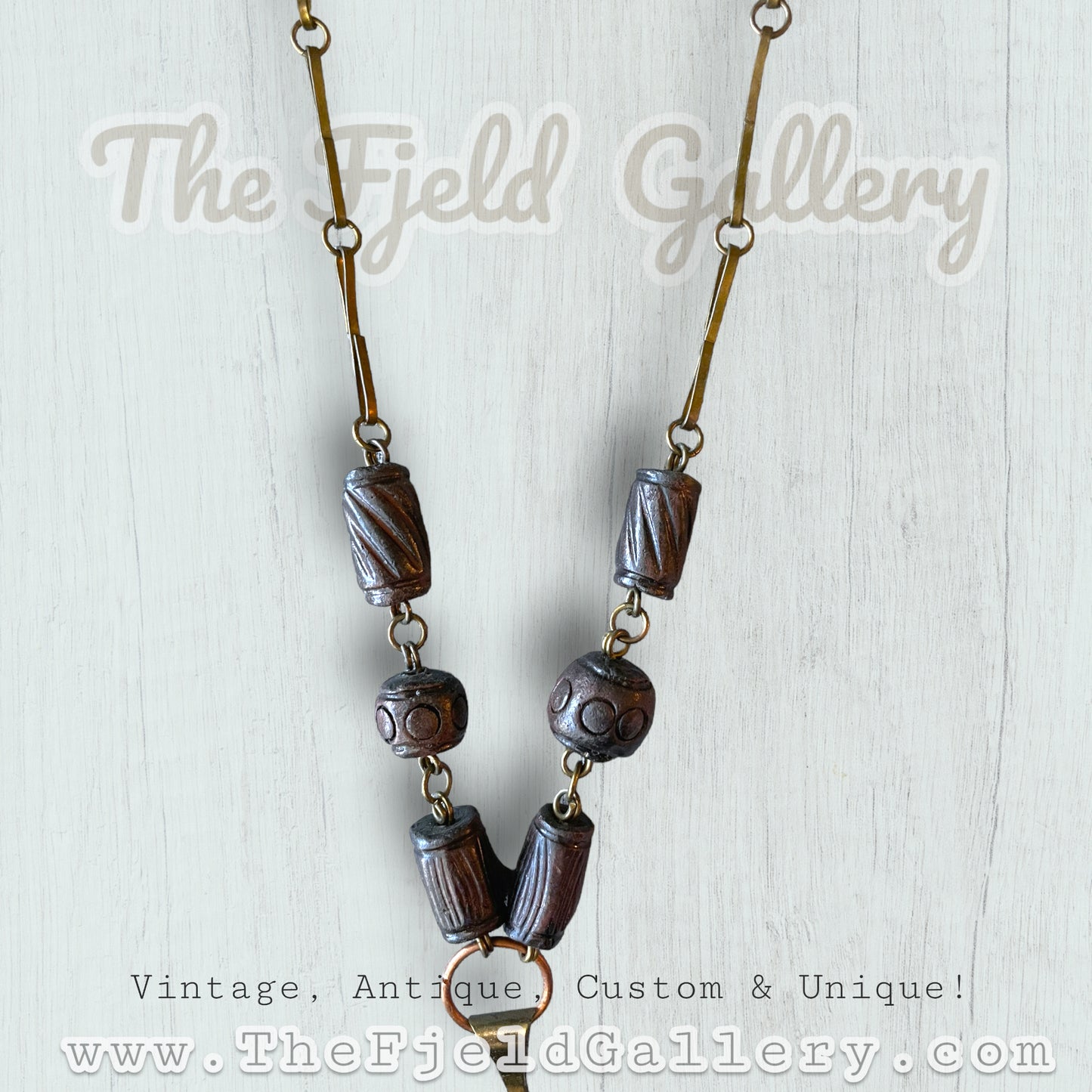 Copper & Brass Orange Stone Carved Face Mask Mexican Necklace
