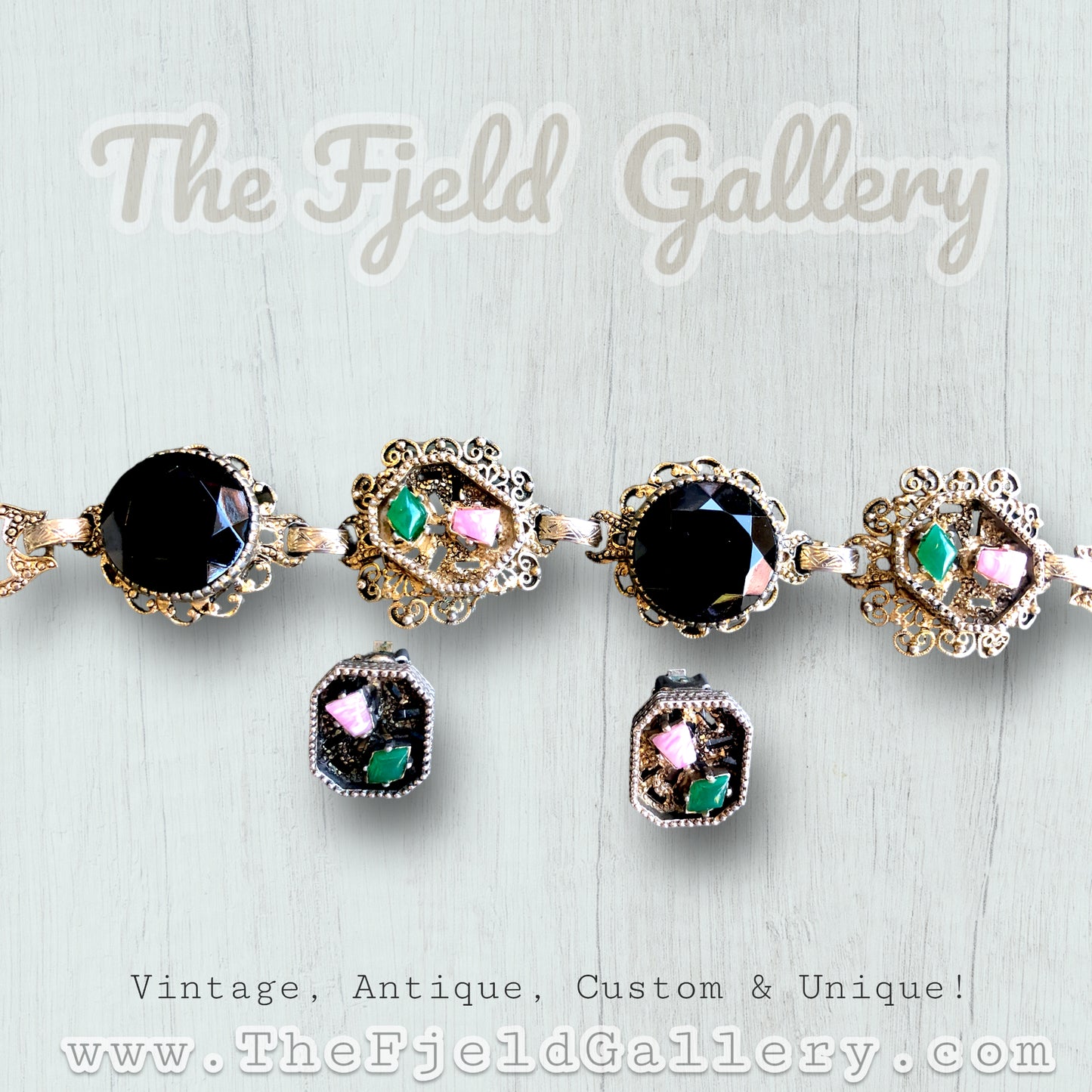 Pink Rhodonite, Green Chrysoprase & Black Art Glass Gold Bracelet & Earring Set