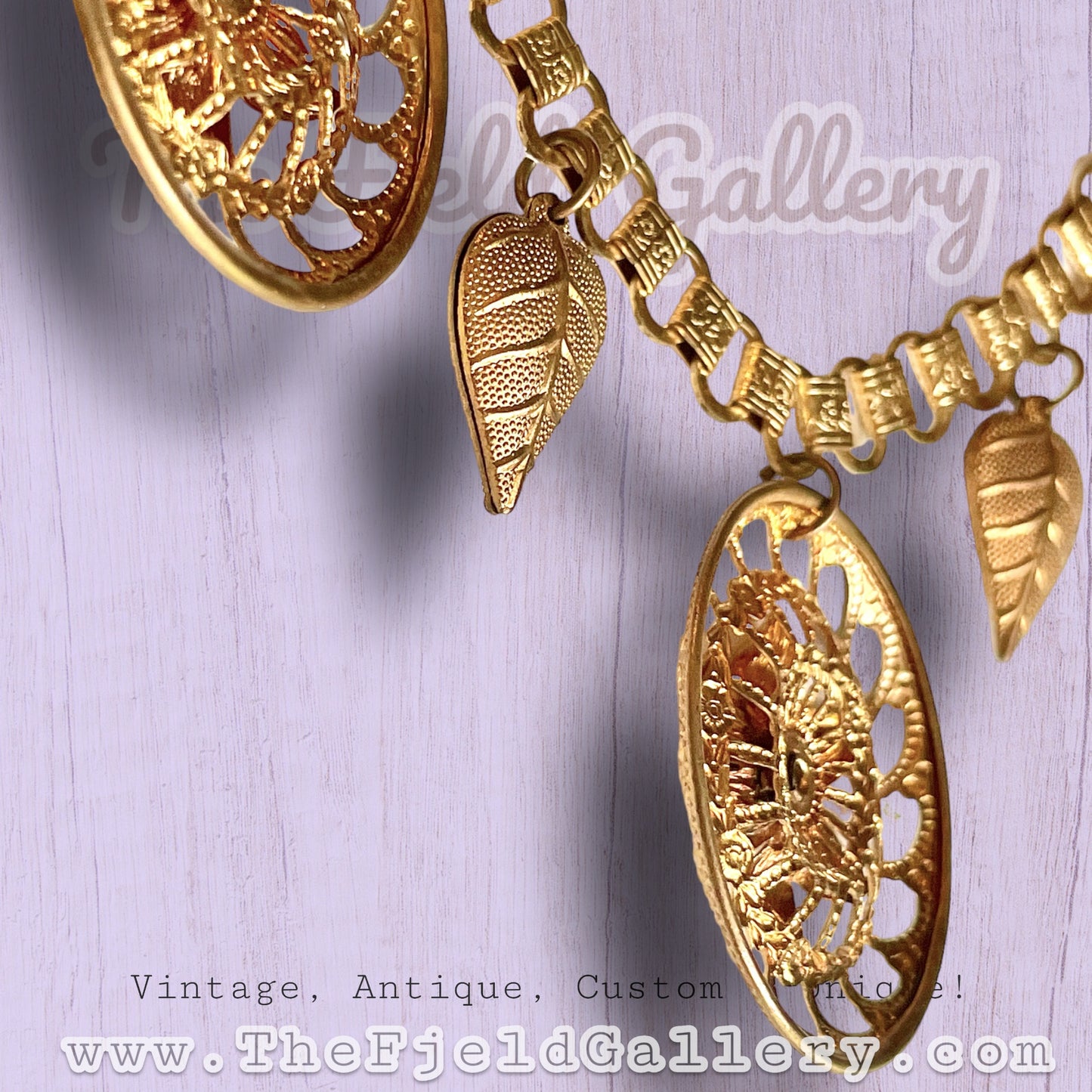 Victorian Bookchain with Ruby Red Art Glass & Gold Filigree Leaf Charm Necklace