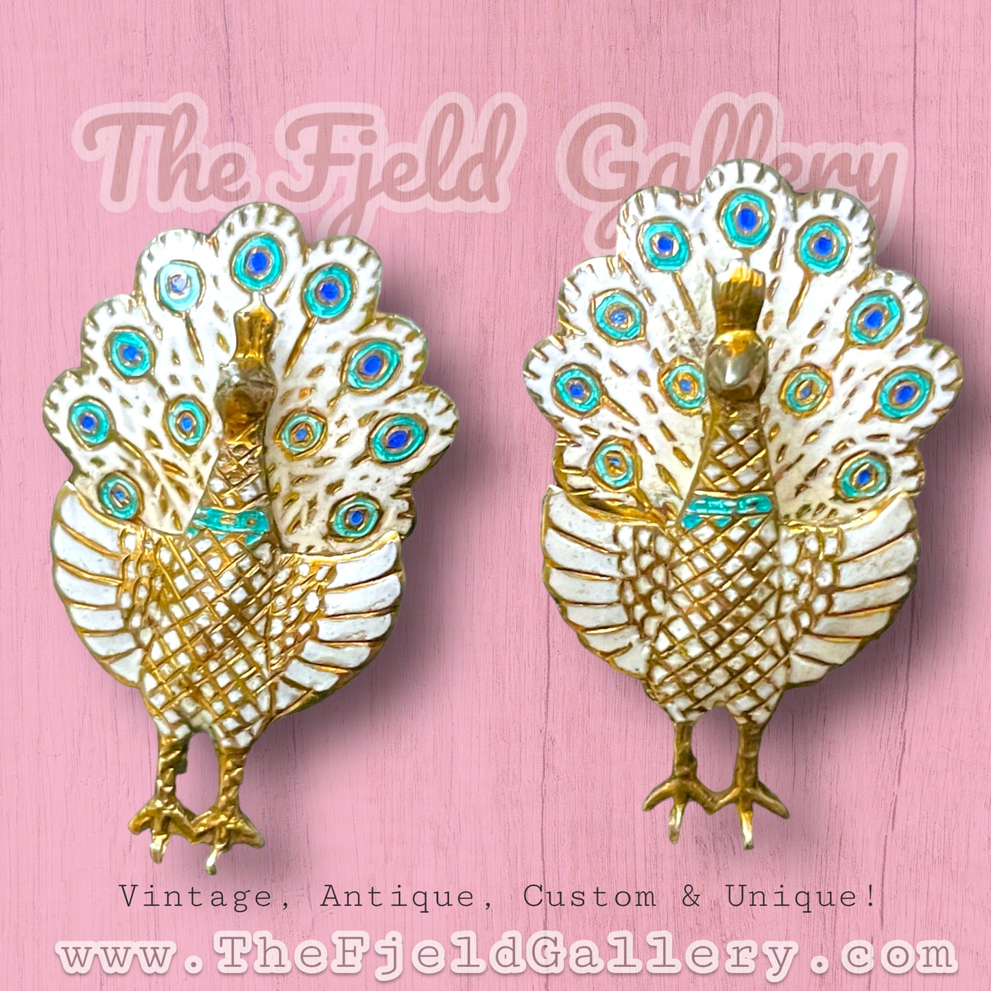 1940’s Siam Vermeille Sterling White & Blue Enamel Peacock Brooch & Earring Set