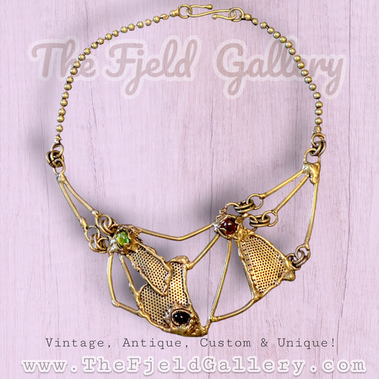 Vintage Brass Brutalist Peridot, Garnet & Onyx Unique Abstract Bib Necklace