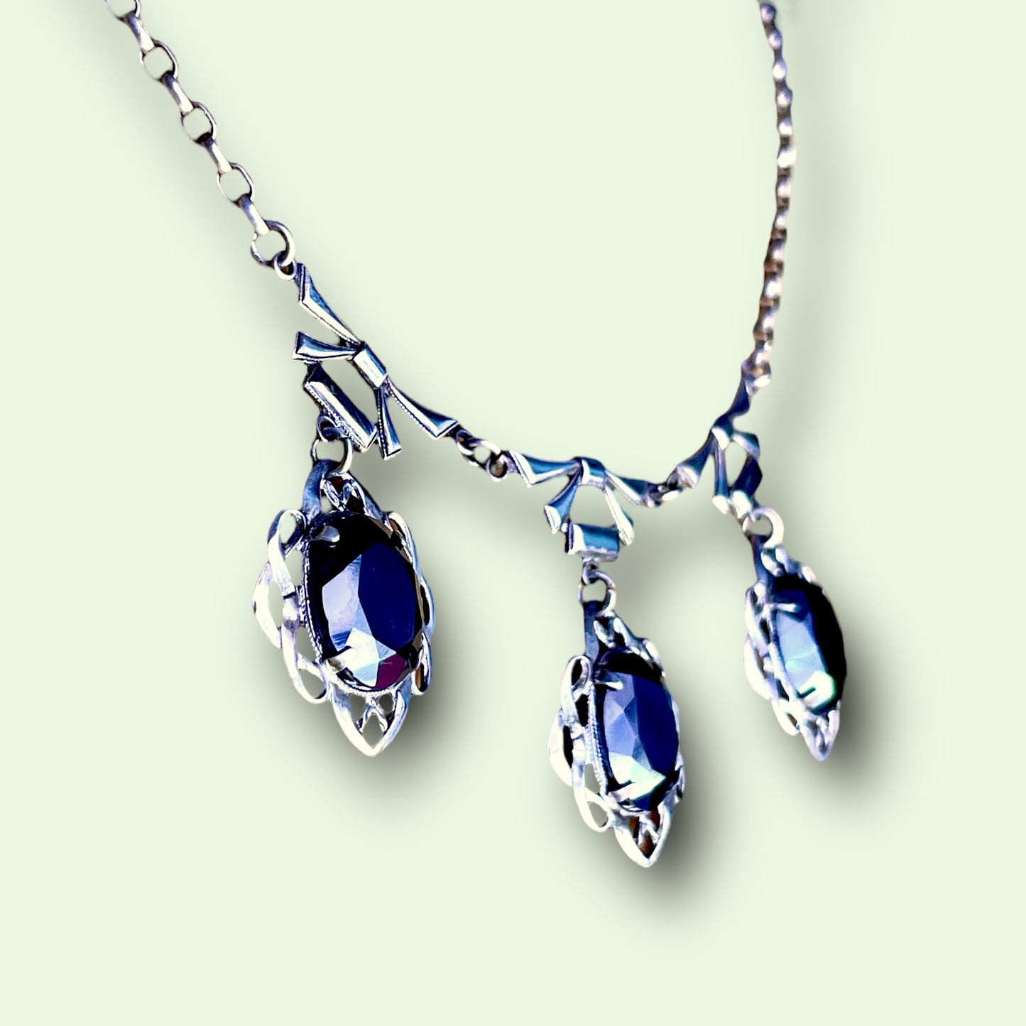 Art Nouveau Sterling Silver & Hematite Bow Festoon Necklace