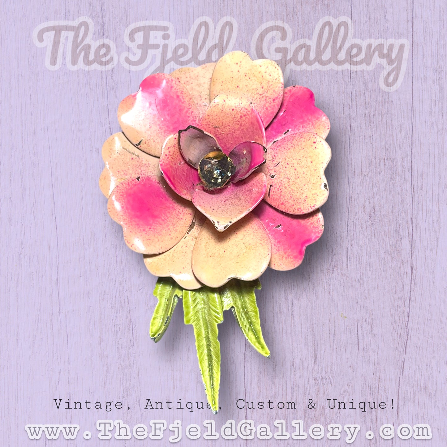 Vintage Pink & Green Enamel Flower Brooch