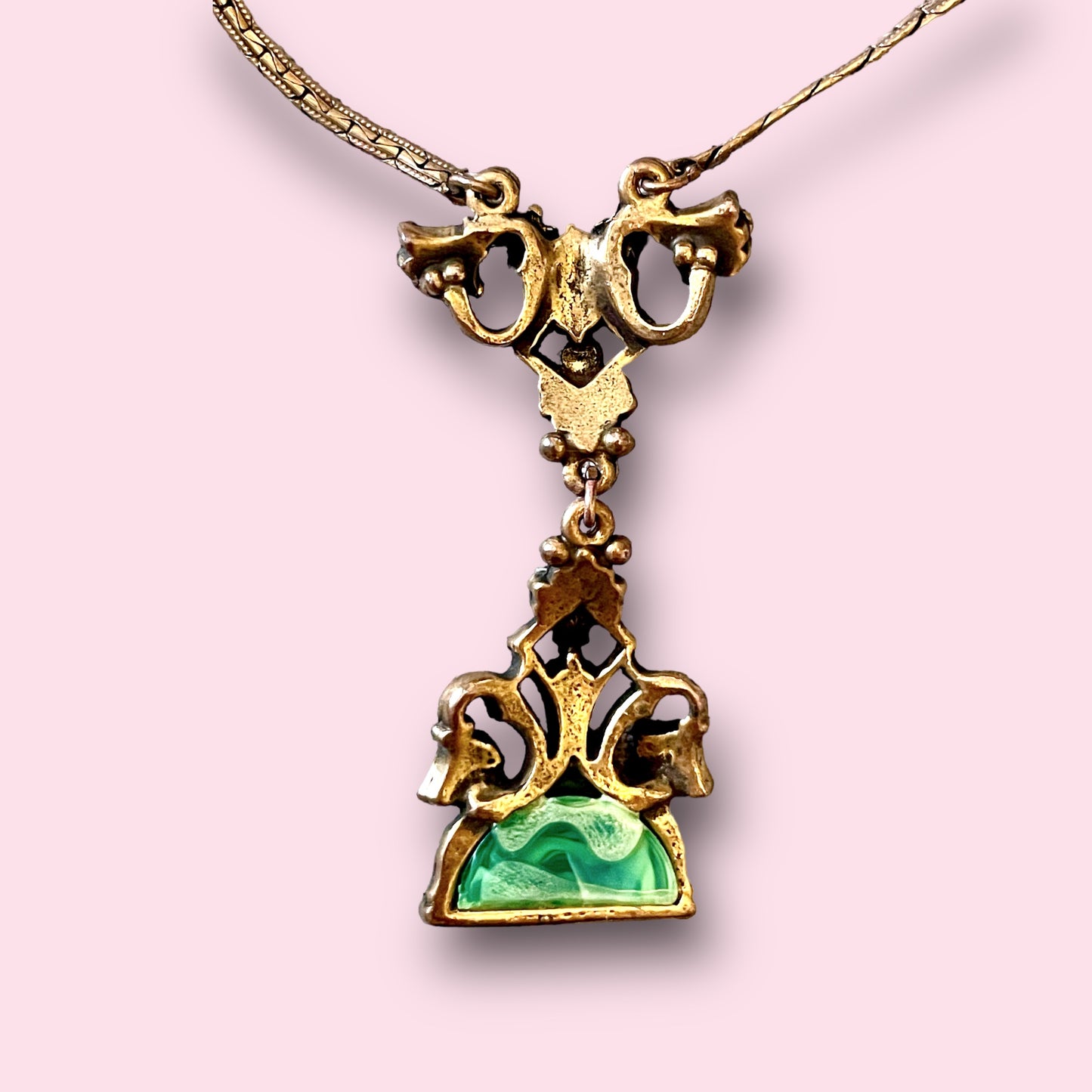 Art Nouveau Marbled Green Celluloid, Purple Crystal & Pearl Brass Shell Necklace