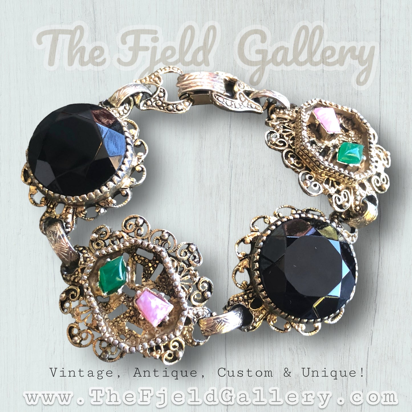 Pink Rhodonite, Green Chrysoprase & Black Art Glass Gold Bracelet & Earring Set