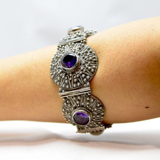 Vintage Alexandrite & 950 Fine Sterling Silver Panel Link Pin Hinged Bracelet