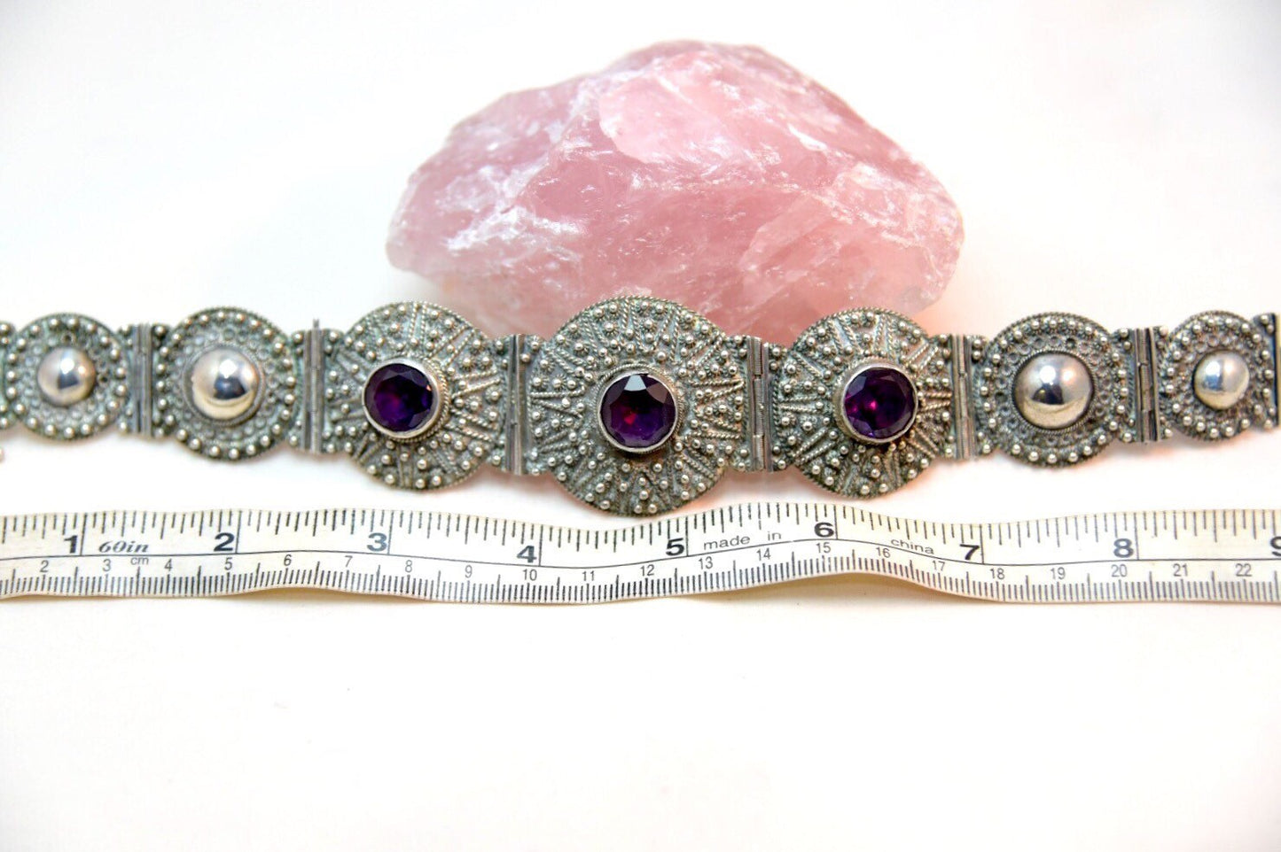 Vintage Alexandrite & 950 Fine Sterling Silver Panel Link Pin Hinged Bracelet