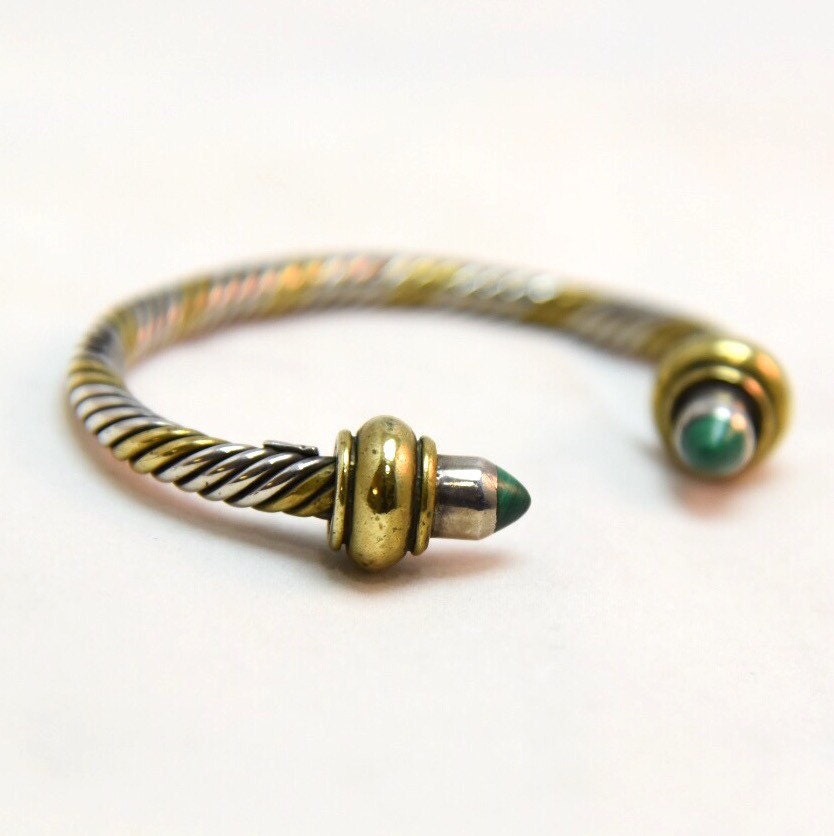 Vintage Chunky Cable Sterling Silver & Gold Twisted Cuff Bangle Bezel Set with Malachite Gemstone Ends