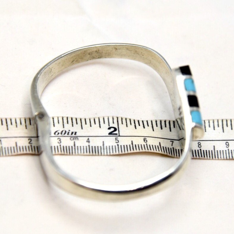 Vintage 925 Sterling Silver, Turquoise & Onyx Taxco Mexico Hinged Mid Century Modernist Clamper Bypass Bracelet