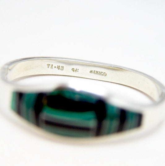 Vintage Taxco Mexico Sterling Silver Onyx & Malachite Hinged Bangle Bracelet 7"