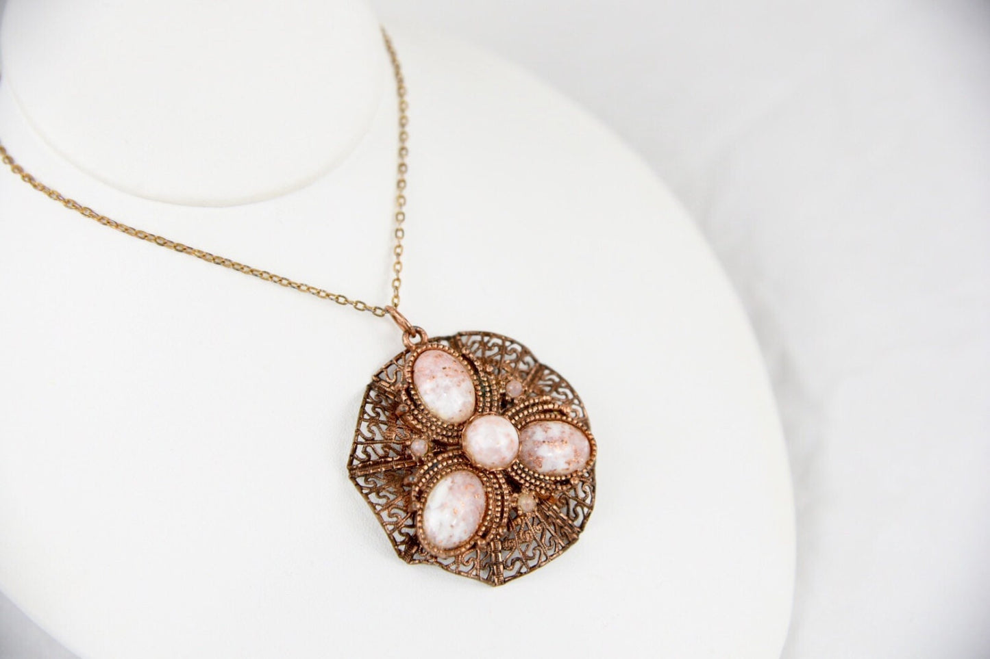 Art Nouveau Copper Filigree Confetti Art Glass Pendant Necklace