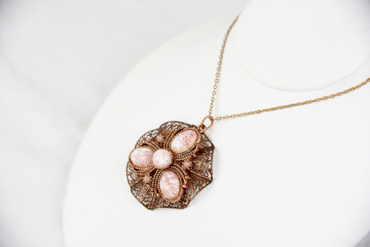 Art Nouveau Copper Filigree Confetti Art Glass Pendant Necklace