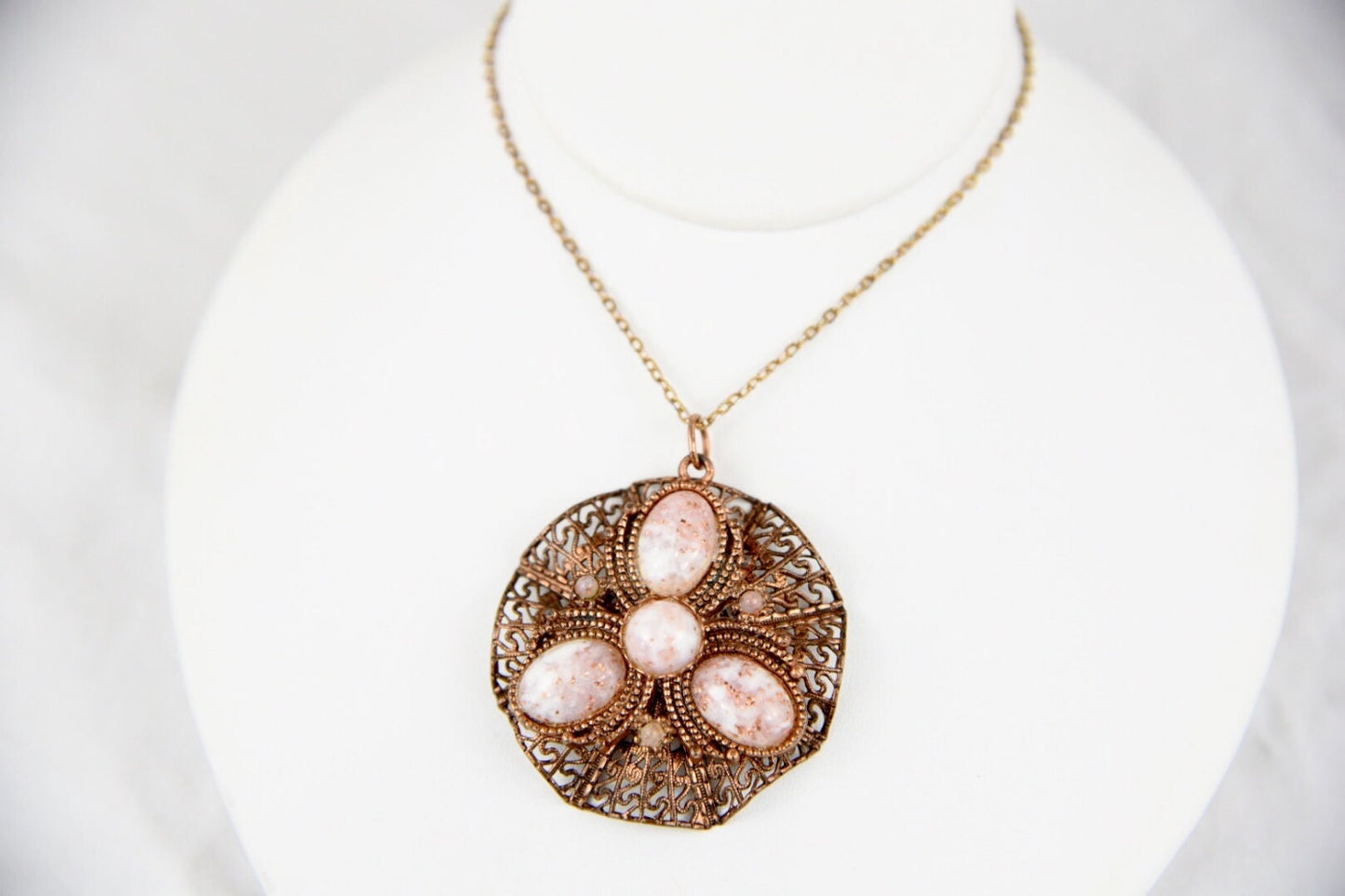 Art Nouveau Copper Filigree Confetti Art Glass Pendant Necklace