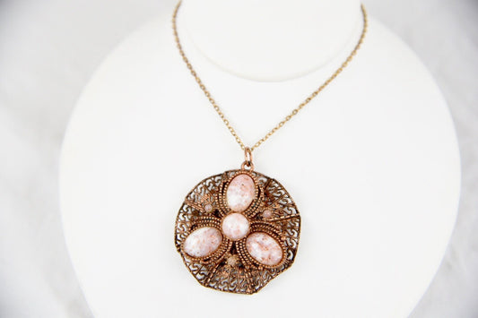 Art Nouveau Copper Filigree Confetti Art Glass Pendant Necklace