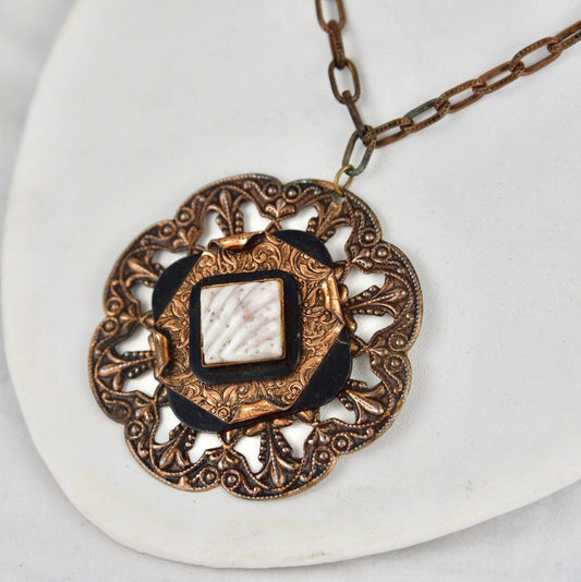 Art Nouveau Copper & Confetti Scallop Cab Floral Fluer de Lis Pendant Necklace