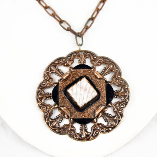 Art Nouveau Copper & Confetti Scallop Cab Floral Fluer de Lis Pendant Necklace