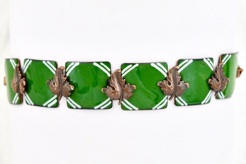 Renoir Copper Leaf & Green and White Geometric Glass Enamel Bracelet, Earring set